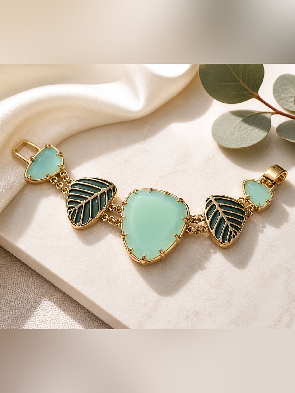 Kendra Scott Retired Mint Green Gold Statement Bracelet Leaf Link Designer